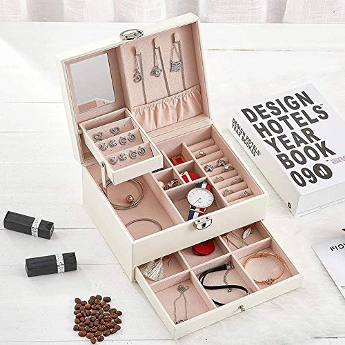 YYANG Organizador De Joyero De Cuero De Dos Capas Estuche De Viaje con Espejo con Cerradura Regalo De Almacenamiento De Exhibición para Mujeres Niñas,White