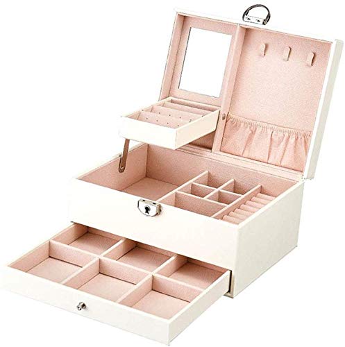 YYANG Organizador De Joyero De Cuero De Dos Capas Estuche De Viaje con Espejo con Cerradura Regalo De Almacenamiento De Exhibición para Mujeres Niñas,White