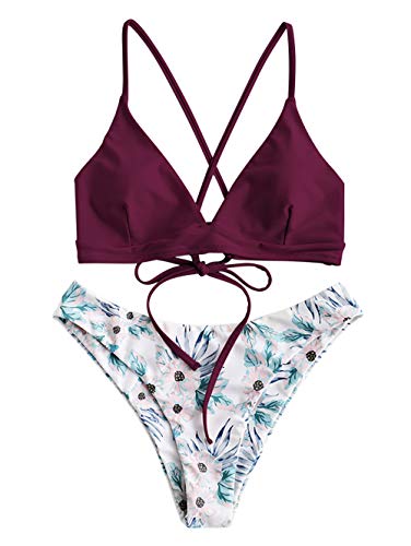 ZAFUL - Bikini para mujer con tirantes de espaguetis push up, cruz, floral rojo S
