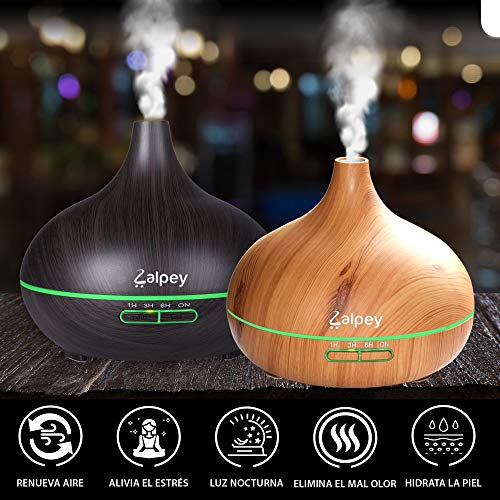 Zalpey 500ml Difusor Aceites Esenciales de Aromaterapia, Humidificador Ultrasónico con Luz Nocturna de 7 Colores y Control Remoto, Función Apagado Automático, Temporizador (Madera clara)