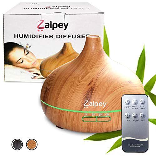Zalpey 500ml Difusor Aceites Esenciales de Aromaterapia, Humidificador Ultrasónico con Luz Nocturna de 7 Colores y Control Remoto, Función Apagado Automático, Temporizador (Madera clara)