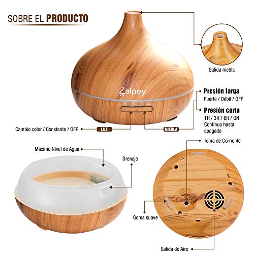 Zalpey 500ml Difusor Aceites Esenciales de Aromaterapia, Humidificador Ultrasónico con Luz Nocturna de 7 Colores y Control Remoto, Función Apagado Automático, Temporizador (Madera clara)