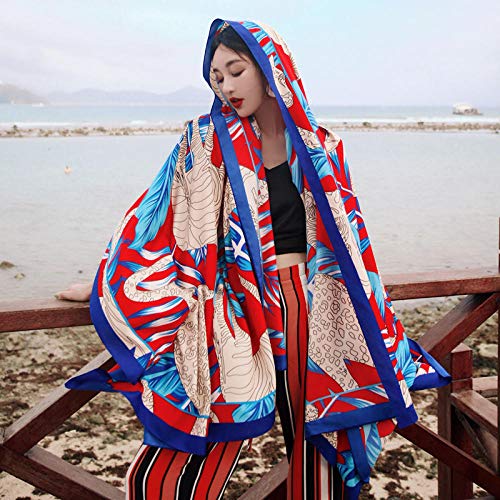 ZAMi Bufanda de Seda para Mujer, Verano, Estilo Delgado, Protector Solar, Chal, Playa, Doble Uso, súper Grande, Toalla de Playa, Gasa, etnia, Bufanda de Viento, Borde Azul (Animales de Verano)