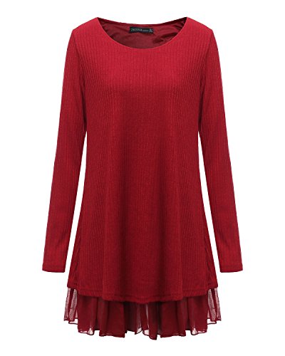 ZANZEA Jersey Mujer Jumper Suéter Larga Tops Vestidos de Encaje para Vestido Lazo Elegant Fiesta de Noche Suéter de Punto para Mujeres Otoño Invierno Tallas Grandes Rojo-399848 5XL