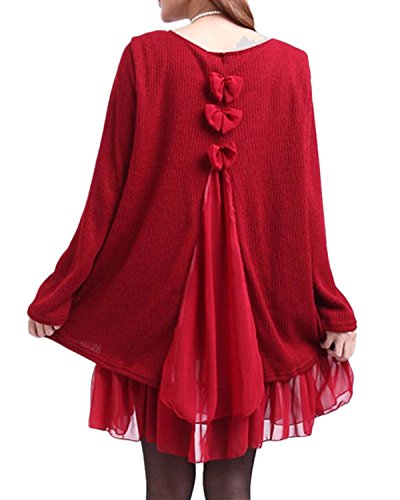 ZANZEA Jersey Mujer Jumper Suéter Larga Tops Vestidos de Encaje para Vestido Lazo Elegant Fiesta de Noche Suéter de Punto para Mujeres Otoño Invierno Tallas Grandes Rojo-399848 5XL