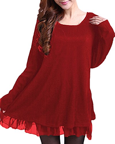 ZANZEA Jersey Mujer Jumper Suéter Larga Tops Vestidos de Encaje para Vestido Lazo Elegant Fiesta de Noche Suéter de Punto para Mujeres Otoño Invierno Tallas Grandes Rojo-399848 5XL