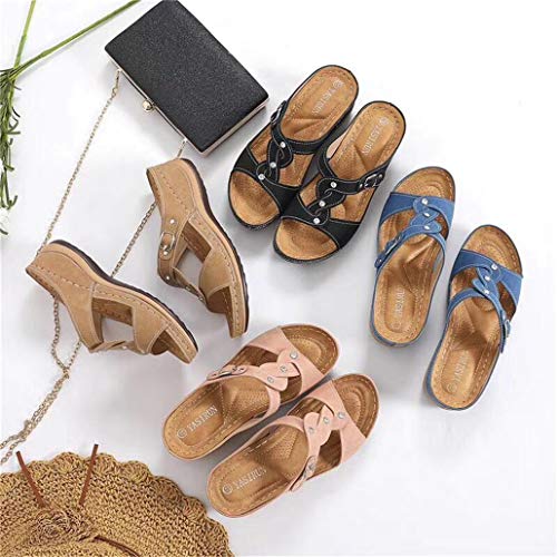 Zapatillas de verano para no resbalón de las mujeres correa cruzada gruesa cuña de la plataforma simple ligero y versátil suaves zapatos de la comodidad de moda moda de fondo Senderismo,Negro,37