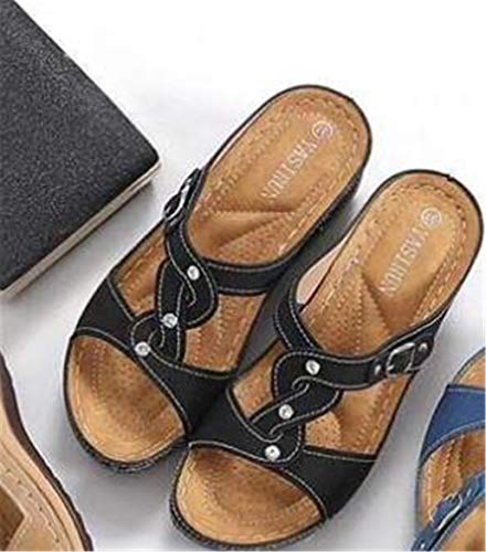Zapatillas de verano para no resbalón de las mujeres correa cruzada gruesa cuña de la plataforma simple ligero y versátil suaves zapatos de la comodidad de moda moda de fondo Senderismo,Negro,37