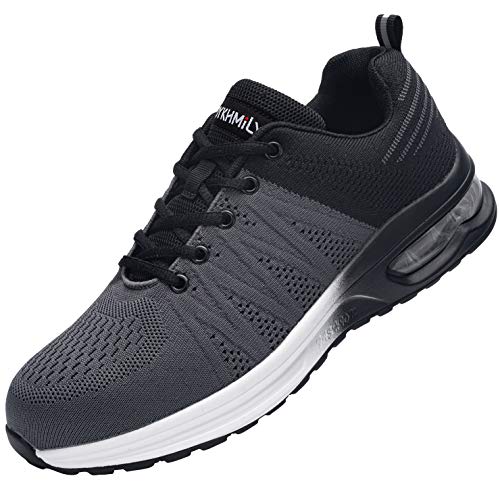 Zapatos de Seguridad Hombre,Zapatillas de Seguridad con Punta de Acero Ultraligero Transpirables Zapatos de Trabajo(Negro Gris,45)