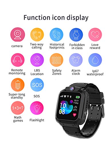Zeerkeer Reloj Inteligente para niños, Smartwatch Niños con LBS, IP67 Impermeable Llamada Bidireccional Reloj Despertador Infantil SOS Cámara Frontal Mejor Regalo(S12 Negro)