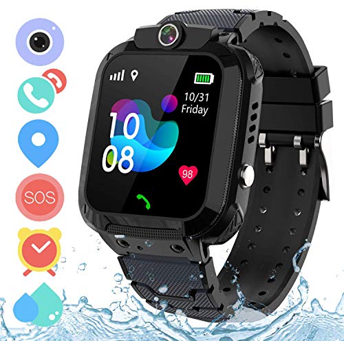 Zeerkeer Reloj Inteligente para niños, Smartwatch Niños con LBS, IP67 Impermeable Llamada Bidireccional Reloj Despertador Infantil SOS Cámara Frontal Mejor Regalo(S12 Negro)
