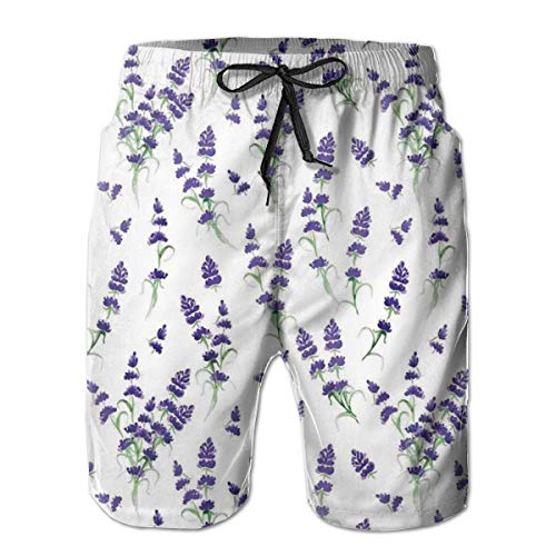 ZMYGH Men's Sports Beach Shorts Board Shorts,Watercolor Lavender Flowering Fragrant Pale Plant Essential Oil Extract Temperate,Surfing Swimming Trunks Bathing Suits Swimwear,Large
