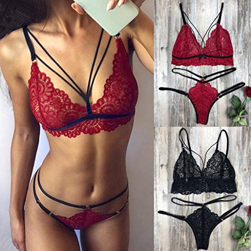 ZODOF Lenceria Mujer Cordón Lenceria Sexy Correas Sujetador y Panty Conjunto de Vendaje Picardias Lenceria Sexy Mujer Sujetador de Encaje Mujer Lenceria Erotica Fashion Women(Vino Rojo)