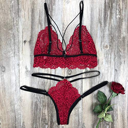ZODOF Lenceria Mujer Cordón Lenceria Sexy Correas Sujetador y Panty Conjunto de Vendaje Picardias Lenceria Sexy Mujer Sujetador de Encaje Mujer Lenceria Erotica Fashion Women(Vino Rojo)