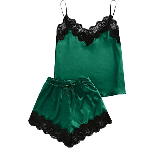 ZODOF Lenceria Mujer Ropa de Dormir de Las Mujeres Sin Mangas Correa Ropa de Dormir Cordón Adorno Satinado Cami Parte Superior Conjuntos de Pijamas Liguero Lenceria Mujer Sexy(M,Verde)