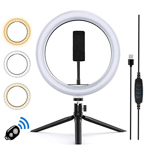 Zoeley Anillo de luz LED, Selfie Ring Light con Control Remoto Bluetooth y Trípode 3 Colores Modo 12 Brillos Regulables, Aro de luz LED Rotación de 360° para Selfie, Maquillaje y Youtube Live
