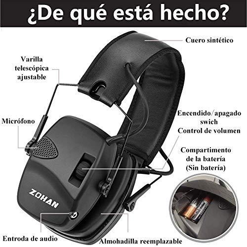 ZOHAN 054 Casco Tiro Electronico, SNR 27dB Reducción de Ruido Ajustable, Protectores Auditivos Caza Amplificador de Sonido, Negro
