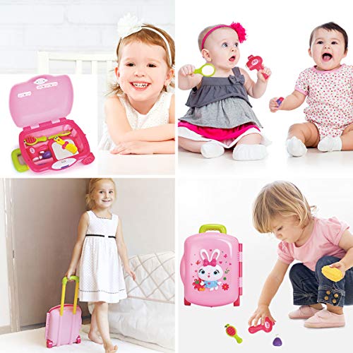 Zooawa Maleta con Juguetes de Peluquería, Juego de Cosmético Estuche de Maquillaje Set Imitación Maletín Corte de Pelo Salón de Belleza Moda Tocador Princesa Regalo para Niños de 3+ Años - Rosado