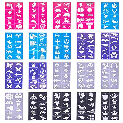 Zuzer Plantillas para Pintura Facial, 20pcs Plantillas de Maquillaje de Pintura y 10 Pinceles Plantillas de Tatuajes para Mascarada Halloween