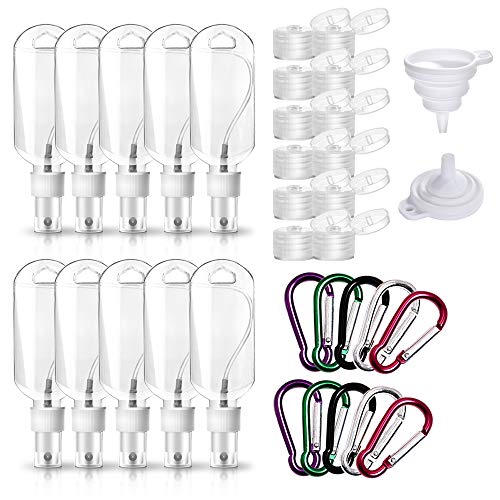 10 botellas de viaje portátiles de 50 ml a prueba de fugas, botellas vacías transparentes de pulverización fina, contenedores con tapa de llavero, botellas de plástico comprimibles para loción