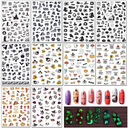 10 hojas Halloween Pegatinas Uñas, Mwoot más de 600 Pcs Pegatinas de autoadhesivas, Fluorescent 3D Nail Art Stickers - pumpkins,bats,ghosts,skulls,witches Calcomanías Arte de Uñas Pegatinas Tatuaje