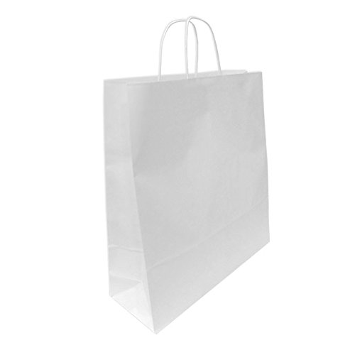 100 Bolsas de Papel Blancas 45+15x49 cm. Bolsa de celulosa con Asas rizadas. Resistente.