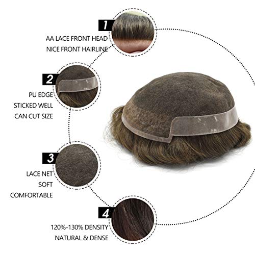 100% de privacidad Duradero y Transpirable Encaje PU Francesa Pelo Base Hombres Bisoñes Invisible línea Natural del Cabello Blanqueado Frente Nudos Remy Peluca de Pelo Hombre,#18,6in*8in