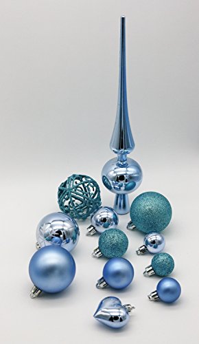101 decoraciones para árbol de Navidad, incluye pieza para punta del árbol formas colgantes como: Corazón, Bola, copo de nieve ; con 100 ganchos de metal, turquesa, Ø 3 cm, Ø 6 cm, Ø 4 cm
