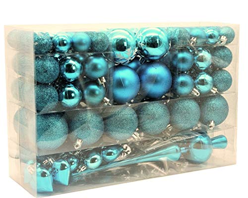 101 decoraciones para árbol de Navidad, incluye pieza para punta del árbol formas colgantes como: Corazón, Bola, copo de nieve ; con 100 ganchos de metal, turquesa, Ø 3 cm, Ø 6 cm, Ø 4 cm