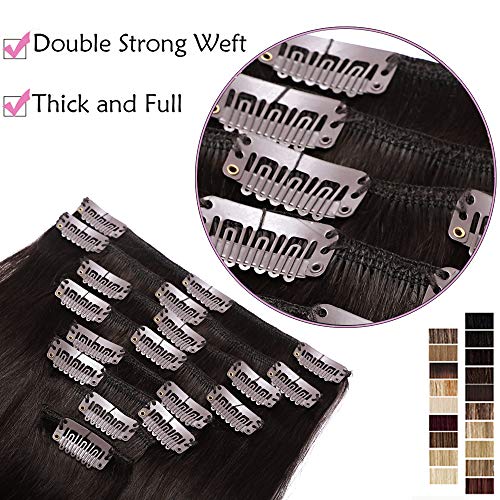 10"(25cm) Extensiones de Cabello Natural Clip Double Weft(Muy Gruesas) #2 Castaño Oscuro Pelo Natural Humano 100% Remy 8 Piezas 18 Clips Lisas Postizos Pelucas (110g)