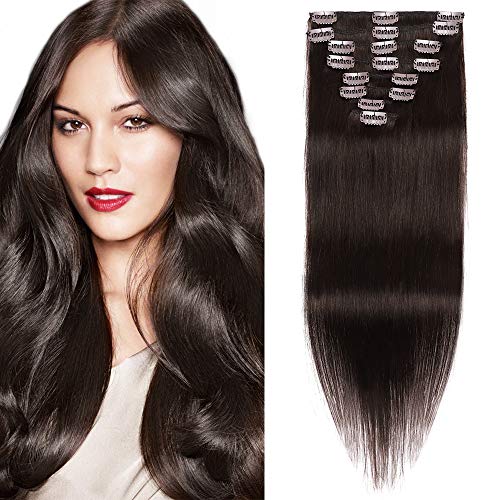 10"(25cm) Extensiones de Cabello Natural Clip Double Weft(Muy Gruesas) #2 Castaño Oscuro Pelo Natural Humano 100% Remy 8 Piezas 18 Clips Lisas Postizos Pelucas (110g)
