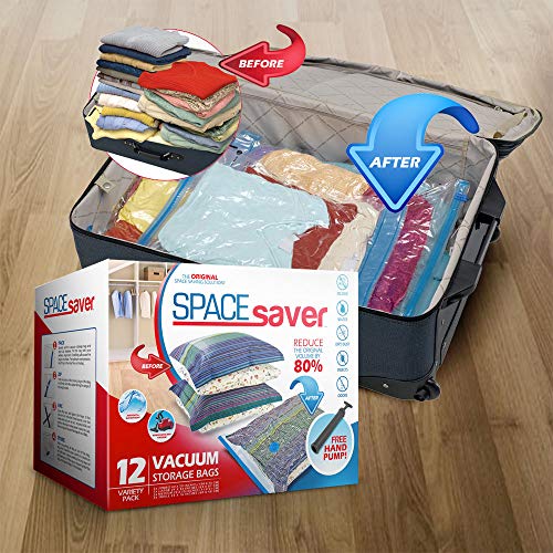 12 bolsas de almacenamiento al vacío SpaceSaver Premium (garantía de reemplazo de por vida) Combinación de bolsas (3 x Pequeñas, Medias, Grandes y Jumbo) almacenamiento 80% más de las otras marcas!