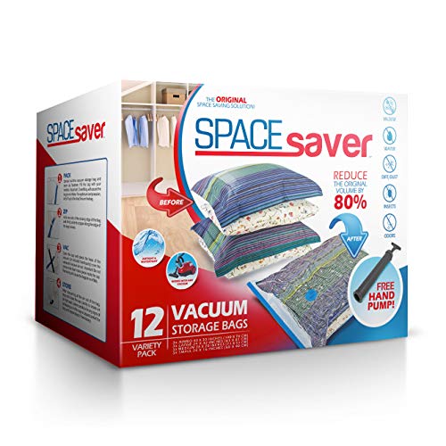 12 bolsas de almacenamiento al vacío SpaceSaver Premium (garantía de reemplazo de por vida) Combinación de bolsas (3 x Pequeñas, Medias, Grandes y Jumbo) almacenamiento 80% más de las otras marcas!