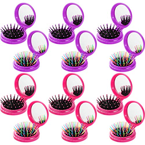 12 Cepillos de Pelo de Viaje Redonda con Espejo Cepillo de Pelo de Bolsillo Plegable con Espejo Maquillarse Peine de Pelo de Viaje para Idea de Regalo Uso Diario Mujeres y Niñas (Púrpura, Rosa Roja)