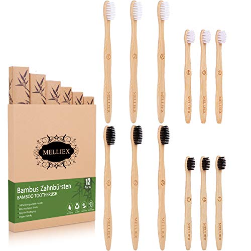 12 paquetes Cepillo de Dientes de Bambu, cepillo de dientes de madera Ecológicos Biodegradables con Cerdas Suaves para Adultos Niños