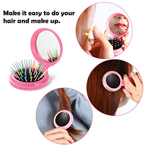 12 Piezas Cepillos de Pelo de Viaje Redonda con Espejo Cepillo de Pelo de Bolsillo Plegable con Espejo de Maquillarse Peine para Idea de Regalo de Bolso Uso Diario de Mujeres y Niñas (Negro, Rosa)