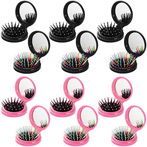 12 Piezas Cepillos de Pelo de Viaje Redonda con Espejo Cepillo de Pelo de Bolsillo Plegable con Espejo de Maquillarse Peine para Idea de Regalo de Bolso Uso Diario de Mujeres y Niñas (Negro, Rosa)