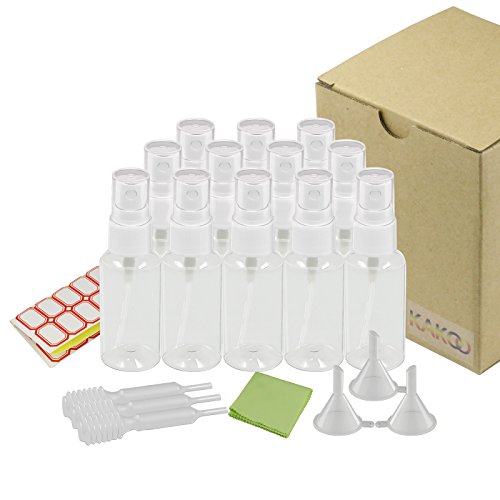 12 Piezas de cuentagotas de pulverizador de KAKOO del Frasco plástico y pequeño para Salir, Viajar, Maquillaje cosmético, perfuma con 3 Embudo y 30 Etiqueta de Pegatina