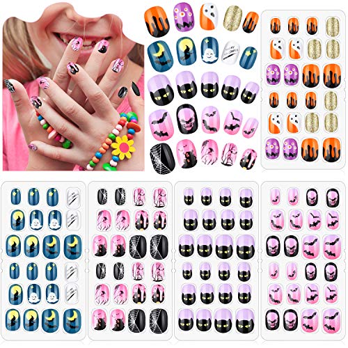120 Uñas Postizas de Chicas Puntas de Uñas Artificiales de Presión Uñas Postizas Cortas de Cubierta Completo con Patrón de Gradiente Gato Pastel Arcoiris para Uñas Niñas, 5 Cajas (Tema de Halloween)