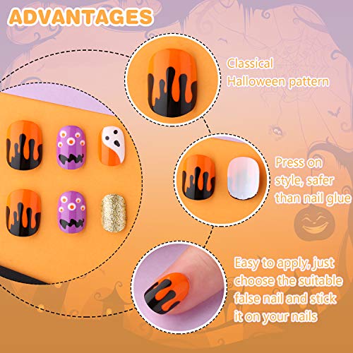 120 Uñas Postizas de Chicas Puntas de Uñas Artificiales de Presión Uñas Postizas Cortas de Cubierta Completo con Patrón de Gradiente Gato Pastel Arcoiris para Uñas Niñas, 5 Cajas (Tema de Halloween)