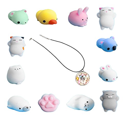 12Pcs Mini Kawaii suave Cat pollo cierre elástico Squishy juguete con caja mochi Squeeze Toy Stress Reliever+1 collar