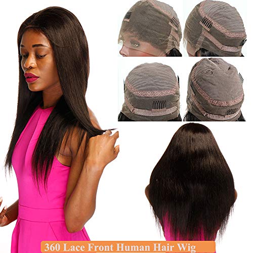 14"(35cm) 360 Lace Front Wig Human Hair Pelucas Mujer Pelo Natural Humano Cabello 100% Remy Straight Brazilian Lace Frontal 360 Encaje with Baby Hair Cortas Lisas Negras (145g,#1B Negro Natural)