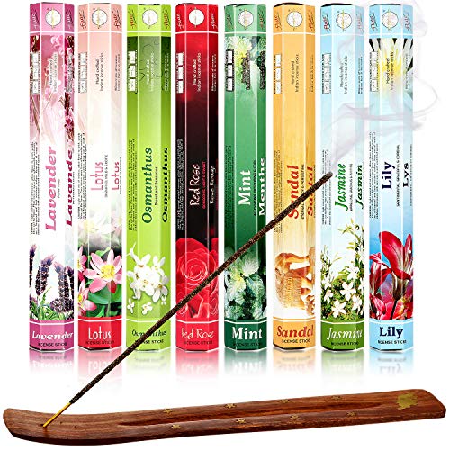 160 Piezas Palos de Incienso Quemador de Incienso de 8 Variadas Aromas Naturales con Base de Incienso de Sándalo para Meditación Yoga Relajación Limpiar Espacio
