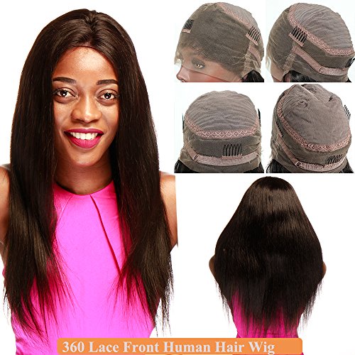 16"(40cm) 360 Lace Front Wig Human Hair Pelucas Mujer Pelo Natural Humano Cabello 100% Remy Straight Brazilian Lace Frontal 360 Encaje with Baby Hair Largas Lisas Negras (165g,#1B Negro Natural)
