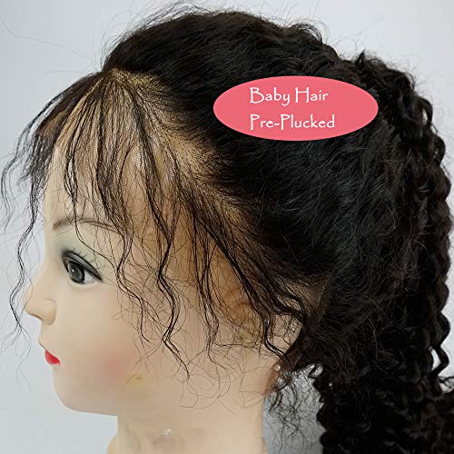 16"(40cm) Pelucas Mujer Pelo Natural Lace Front Wig Human Hair with Baby Hair Deep Wave 100% Remy Cabello Humano Brasileño 130% Densidad Largas Negras Rizadas Onduladas (170g,Negro Natural)