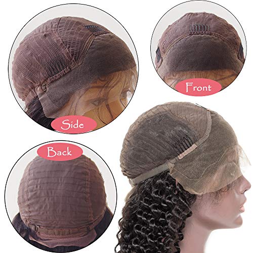 16"(40cm) Pelucas Mujer Pelo Natural Lace Front Wig Human Hair with Baby Hair Deep Wave 100% Remy Cabello Humano Brasileño 130% Densidad Largas Negras Rizadas Onduladas (170g,Negro Natural)