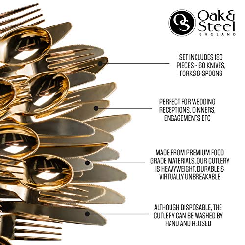 180 Piezas Juego de Cubiertos Dorado Plástico Desechables, Premium Calidad| 60 Cuchillos 60 Tenedores y 60 Cucharas| Fuerte y Reutilizable| Cuberterías Oro para Bodas Cumpleaños Fiestas.