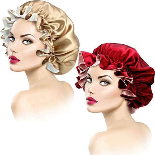 2 Piezas Gorros de Dormir de Satén Elásticos Bonnet de Seda Ajustable Gorros de Ducha para Mujeres Pelo Rizado Gorra de Noche, XL