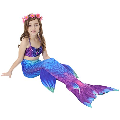 2018 Verano Traje de baño Sirena Chica Dos Piezas Brillante diseño de la Concha de Material cómodo Cosplay Bikini Set de cumpleaños(Regalo Gratis Crown) (XL （9-11Y）, bluepurple)