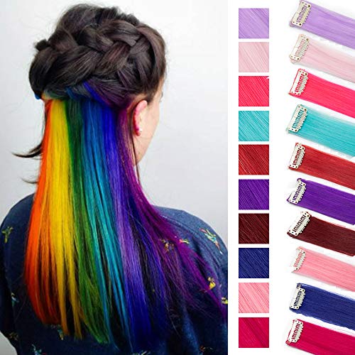 22"(55cm) Extensiones de Cabello Clip Mechas de Colores Fantasía 10 Tiras/Set Pelo Sintético Natural para Niñas Muñecas Postizos Pelucas Accesorios Liso (100g,Varios Colores)